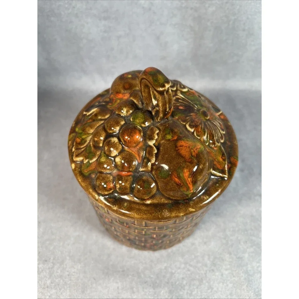 Basket Weave Flowers Grapes Peach Pear Fruit on Lid Ceramic Canister Dated 1974